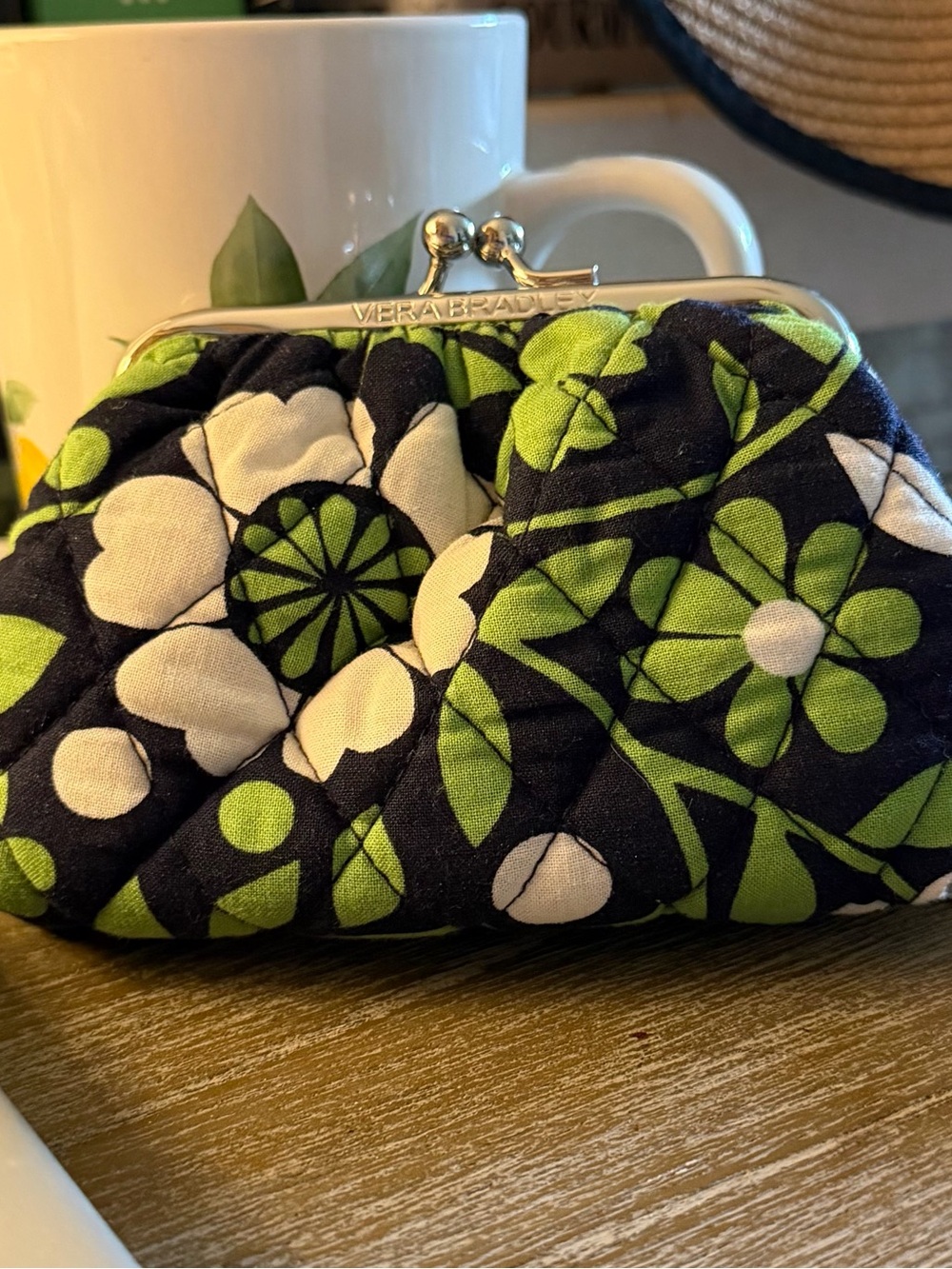 Vera Bradley Navy Quilted Coin Purse with Green and White Floral